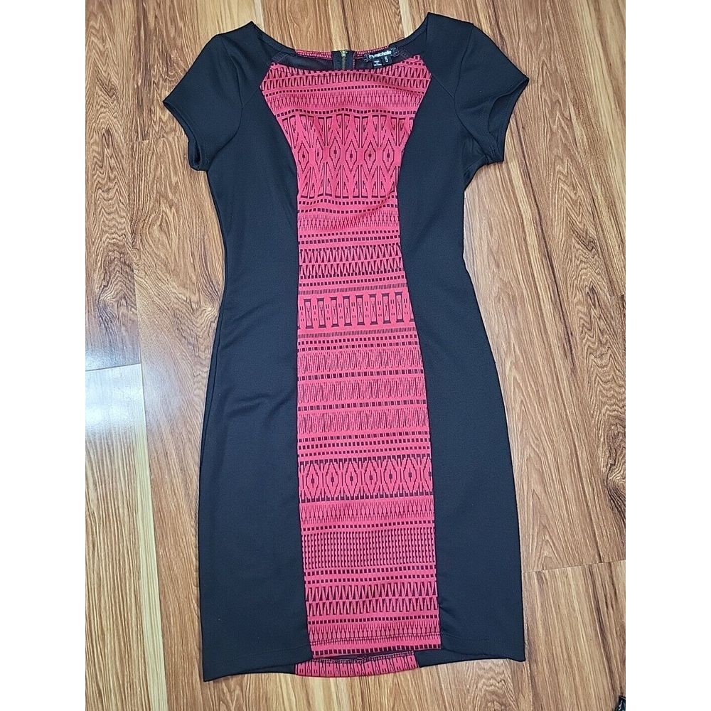 Y2k My Michelle Dress Size 5 Red Black Aztec Midi Short Sleeve Jersey Club Night